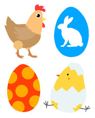 Easter spring set stickers design elements with eggs, chickens, chick, hens, rabbits for Easter, hand drawn simple illustrations