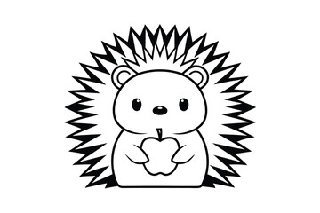 Adorable Hedgehog Illustration Holding An Apple Isolated On White Background For Kids And Childrens Books Black And White