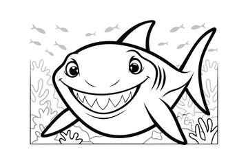 Cartoon Shark With Coral Reef In Black And White Ready For Coloring Book Illustration