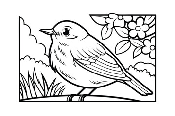 Black And White Bird Illustration In Nature Border With Flowers And Grass For Coloring Pages And Print Design
