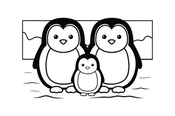 Charming Penguin Family Outline On Iceberg Perfect For Childrens Books And Winter Holiday Themes Or Coloring Page Material