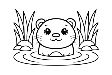 Cute Cartoon Otter Swimming In Water With Grass Line Art For Coloring Book Pages