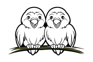 Two Adorable Cartoon Birds Sitting On Branch Outlined Vector Illustration Depicting Friendship Nature And Cute Wildlife For Childrens Books And Designs