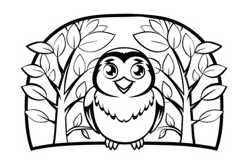 Adorable Owl Coloring Page With Smiling Expression Perched Among Abstract Trees For Creative Designs And Childrens Activities