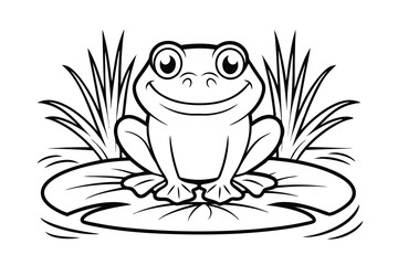 Cartoon Frog Sitting On A Lily Pad Smiling With Reeds In Black And White Outline
