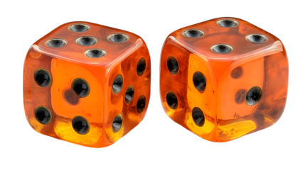 Two orange dice showing six on transparent background