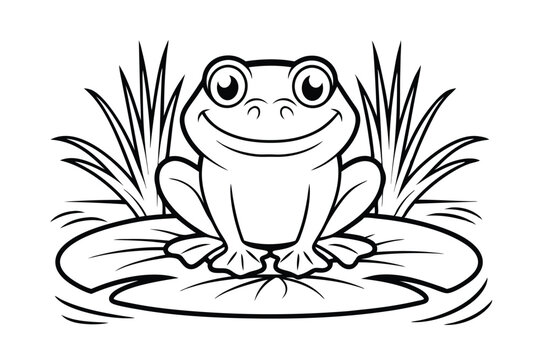 recommend clip art: Cartoon Frog Sitting On A Lily Pad Smiling With Reeds In Black And White Outline