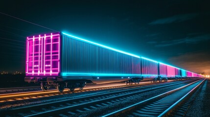 Fototapeta premium Futuristic neon freight train at night illuminated transportation