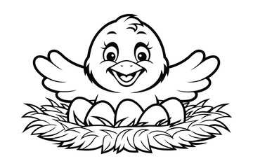 Cartoon Chick In A Nest With Eggs Coloring Page For Easter And Spring Black And White