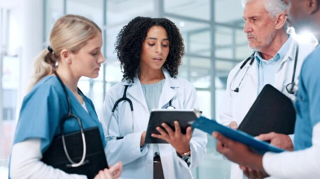Healthcare, planning and doctors in group with tablet for talking, virus treatment results or clinic. Clipboard, teamwork and people in discussion for medical advice, schedule and hospital research