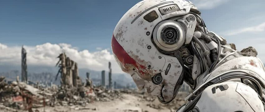 In the backdrop are a modern white robot and a destroyed city. 