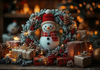 Rustic Christmas Wreath with Snowman Ornament and Wrapped Gifts on Dark Wooden Background