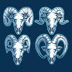 Collection Mountain goat head mascot silhouette icon with aggressive expression monochrome style vector illustration isolated on black background