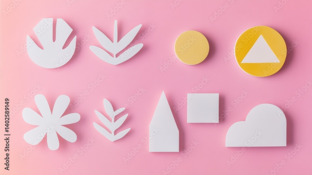 Poster minimal white sticker shapes arranged on a pastel pink background showcasing simple designs and clea