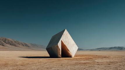 Vast desert landscape featuring a solitary geometric stone formation under a clear blue sky