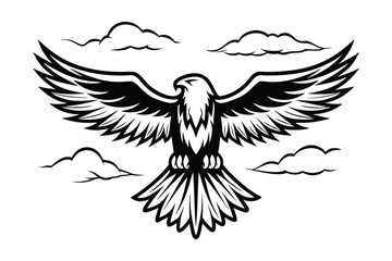 Majestic Eagle With Open Wings Flying Above Clouds Vector Illustration Black And White Isolated Design Element