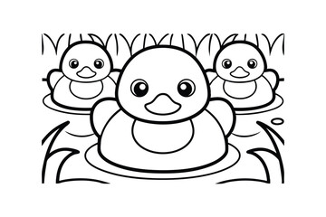 Line Art Of Three Cute Rubber Ducks Swimming In A Pond Coloring Page For Kids Illustration