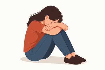 Emotional Vector Illustration: Young Woman in Distress, Curled Up and Hugging Knees, Depicting Loneliness, Sadness, and Mental Health Struggles in Modern Minimalist Style
