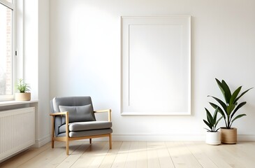 Beige Minimalist Living Room Featuring Poster Frame and Simple Decor