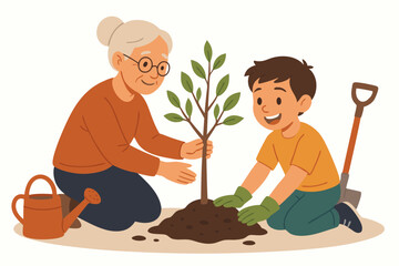 Intergenerational Gardening Vector Illustration with Grandmother and Grandson Planting Tree Together, Family Bonding Through Environmental Education, Sustainable Living Concept Art for Earth Day