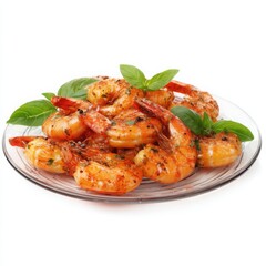 A platter of delicious cooked shrimp, garnished with basil,