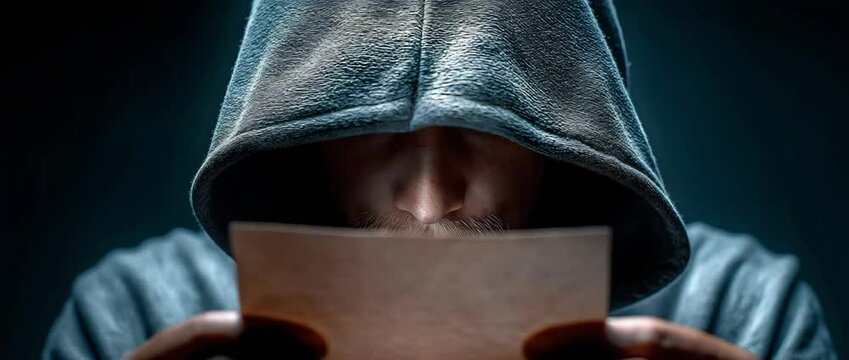 On a dark background, a frightening figure with a hood is carrying a paper letter.