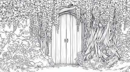 Fototapeta premium An enchanting door set within a tree, surrounded by lush foliage and hanging flowers. The illustration invites curiosity and a sense of adventure.