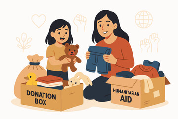 Compassionate Mother and Daughter Sorting Humanitarian Aid Donations with Toys and Clothing in Cardboard Boxes, Charity Volunteer Work Illustration with Social Activism Symbols for Community Support
