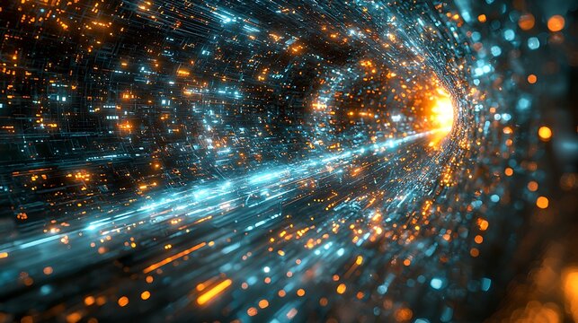 Shattered data streams, fragmented holographic panels, intense pixel distortion, dark metallic textures, wide angle shot, strong light.