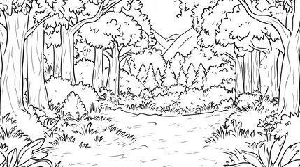 A serene landscape illustration featuring mountains in the background, surrounded by lush trees and foliage. The scene invites tranquility and a connection to nature.