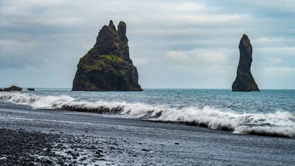 Famous Reynisfjara black Beach with reynisdrangar rock formation near V&iacute;k &iacute; M&yacute;rdal, Iceland, Europe, Icelandic nature,  Icelandic landscape