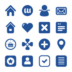 Collection of sixteen blue outlined interface icons isolated