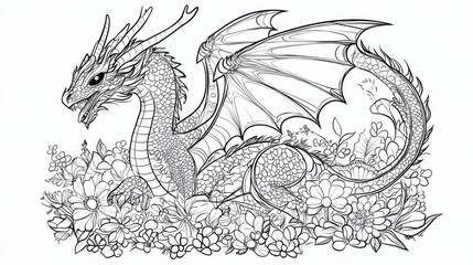 An intricately drawn dragon intertwined with flowers. The fierce expression and detailed scales create a sense of majesty and power.