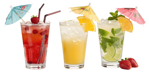 Set of Colorful Refreshing Summer Beverages with Citrus Fruits and Decorative Umbrellas Isolated On Transparent Background