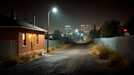 Lone streetlamp illuminating an empty alleyway leading to a distant urban skyline at night