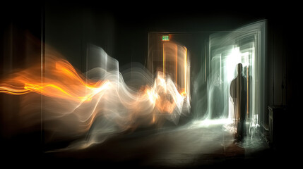 Streaks of light create abstract shapes in a dark room, enhancing motion and energy for a surreal experience during evening hours