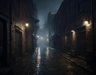Obraz premium Dark and Foggy Cobblestone Alley at Night