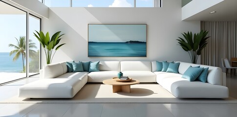 Modern Living Room with White Sectional Sofa and Panoramic Ocean Views