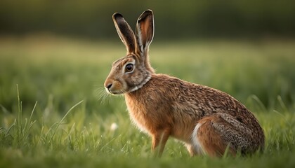 European Hare in Green Meadow at Sunset