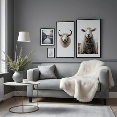 Cozy Living Room with Sheepskin Throw and Animal Art Prints