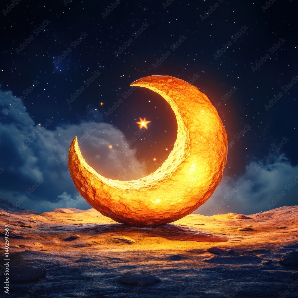 Aufkleber a luminous crescent moon glows brightly on a desolate planet under a starlit night sky.