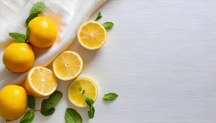 Fresh whole and sliced lemons with mint leaves on white wooden background and cloth for summer food concept
