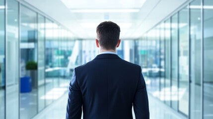 Fototapeta premium Businessman in suit walking toward office corridor with glass walls and background leadership professionalism and success