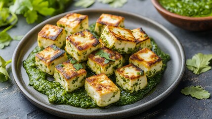 delicious paneer cheese cubes placed on a plate with vibrant green sauce and cilantro leaves for a fresh and nutritious vegetarian indian dish ideal for lunch or dinner