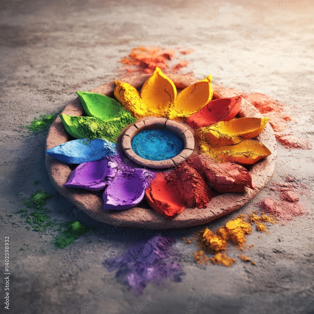 Leinwandbilder Vibrant Holi powder colors arranged in a circular pattern on a rustic clay plate, creating a festive and colorful display perfect for celebration.