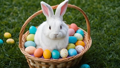 White Easter Bunny in Basket with Colorful Eggs