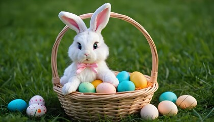Easter Bunny in Basket with Colorful Eggs