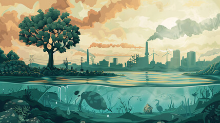 Graphics depicting the devastating impacts of climate change, environmental degradation, grassroots environmental activism, sustainable practices, and the fight against environmental injustice