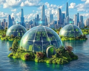 Fototapeta premium Futuristic eco-friendly geodesic domes float on water near a vibrant modern city skyline under a bright sunny sky.