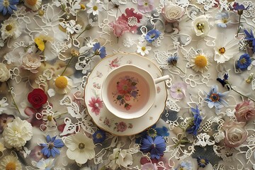 A delicate porcelain teacup resting on a lace tableclot